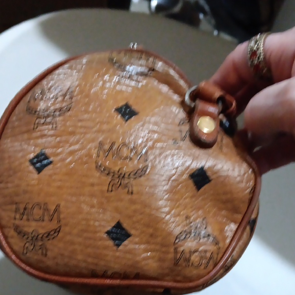 MCM Cognac Crossbody Barrel Bag with Logo Pattern EUC - Picture 7 of 13